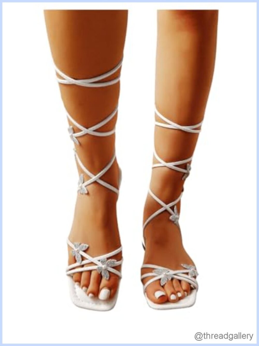 Lace Up Strappy Rhinestone Flat Sandals Square Toe Faux Leather
